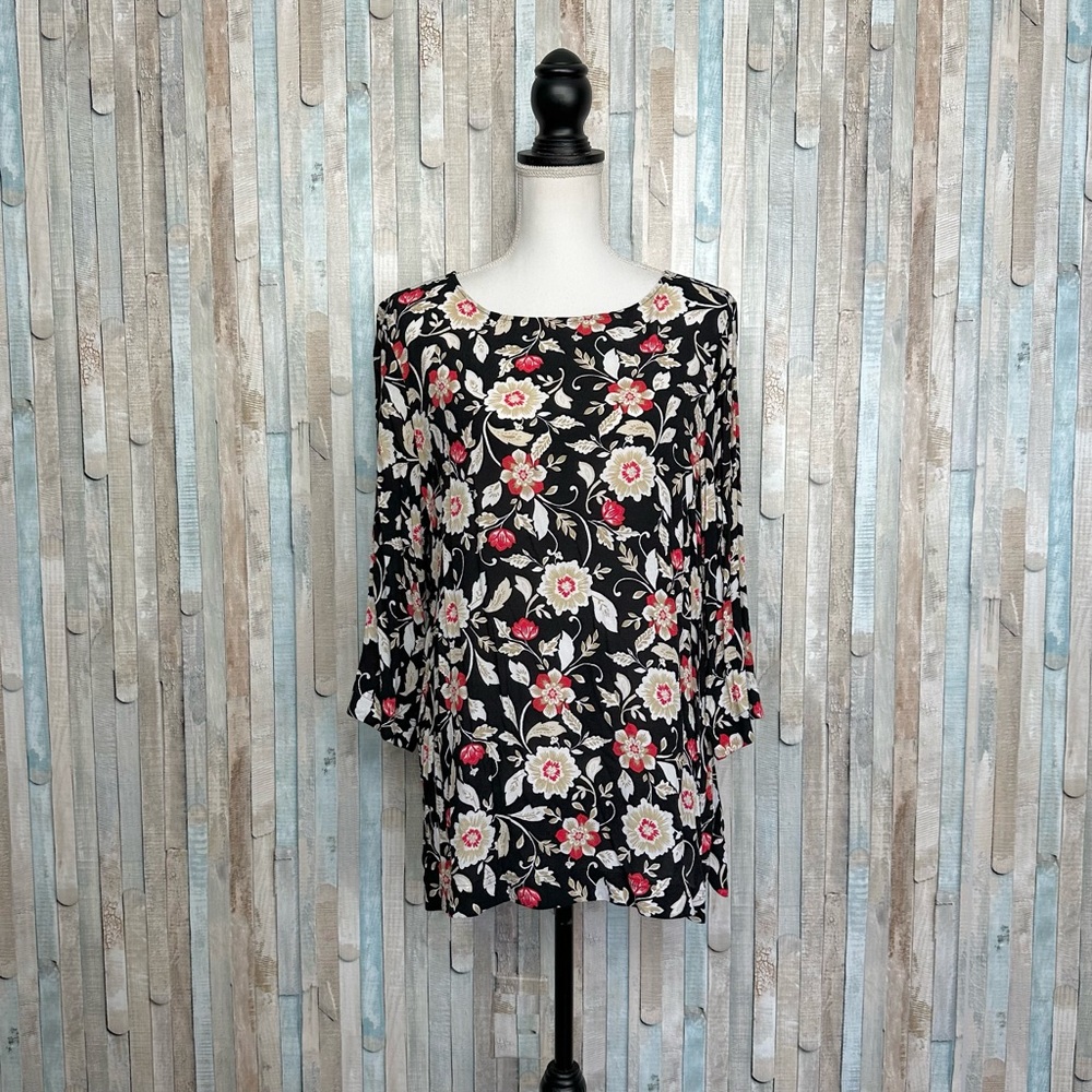 J Jill L Black Red Floral Printed 3/4 Sleeve Viscose Rayon Blouse‎ Top Pullover